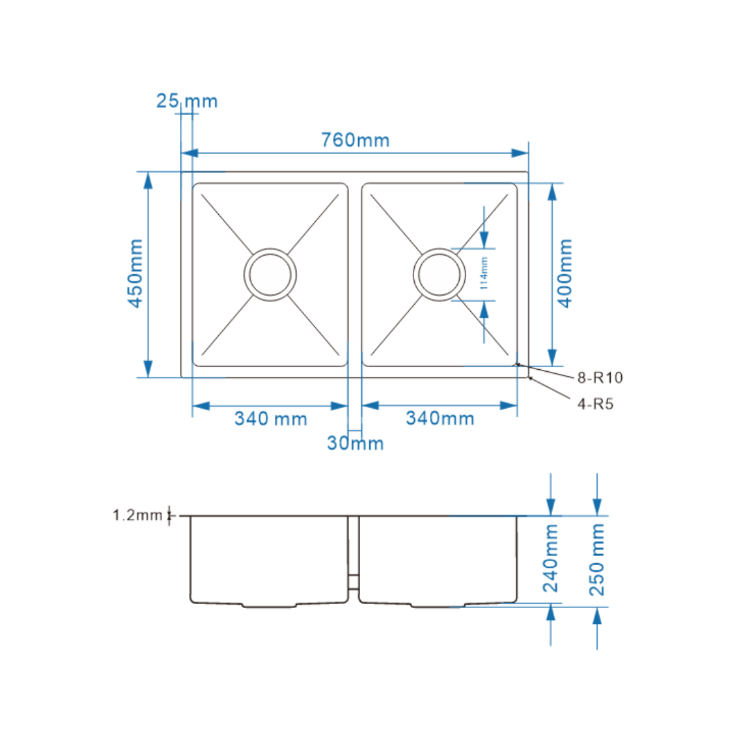 Avenor Handmade Double Bowl Kitchen Sink 760x450mm specification drawing with dimensions