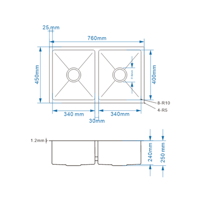 Avenor Handmade Double Bowl Kitchen Sink 760x450mm specification drawing with dimensions