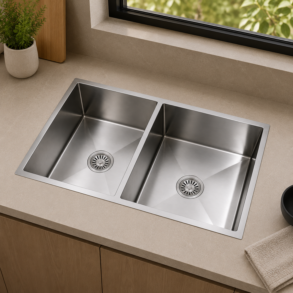 Avenor Handmade Double Bowl Kitchen Sink 760x450mm in Sterling Chrome, installed