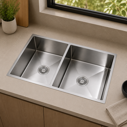 Avenor Handmade Double Bowl Kitchen Sink 760x450mm in Sterling Chrome, installed