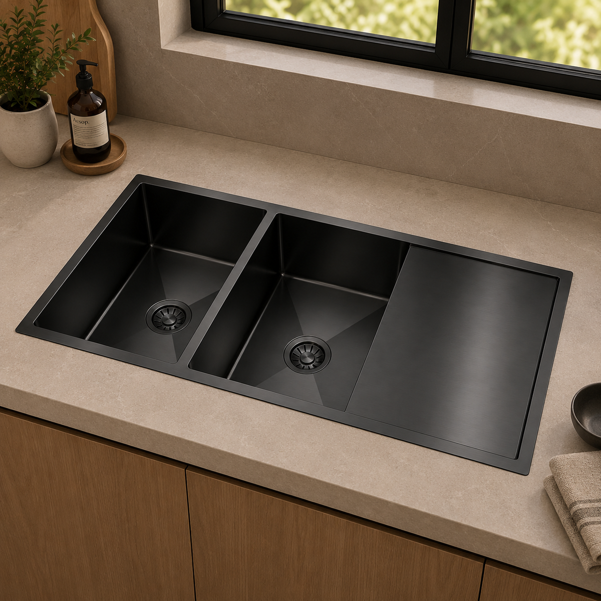 Avenor Handmade Double Bowl With Drainer Kitchen Sink 1140x450mm in Forged Gunmetal, installed
