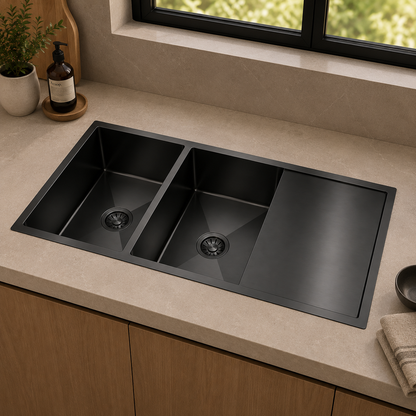 Avenor Handmade Double Bowl With Drainer Kitchen Sink 1140x450mm in Forged Gunmetal, installed