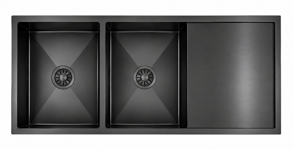 Avenor Handmade Double Bowl With Drainer Kitchen Sink 1140x450mm in Forged Gunmetal