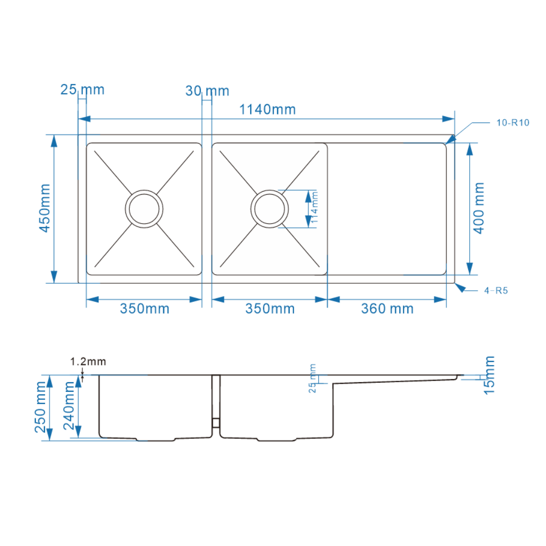 Avenor Handmade Double Bowl With Drainer Kitchen Sink 1140x450mm specification drawing with dimensions