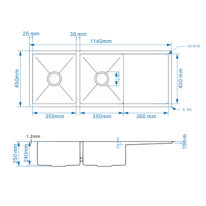Avenor Handmade Double Bowl With Drainer Kitchen Sink 1140x450mm specification drawing with dimensions