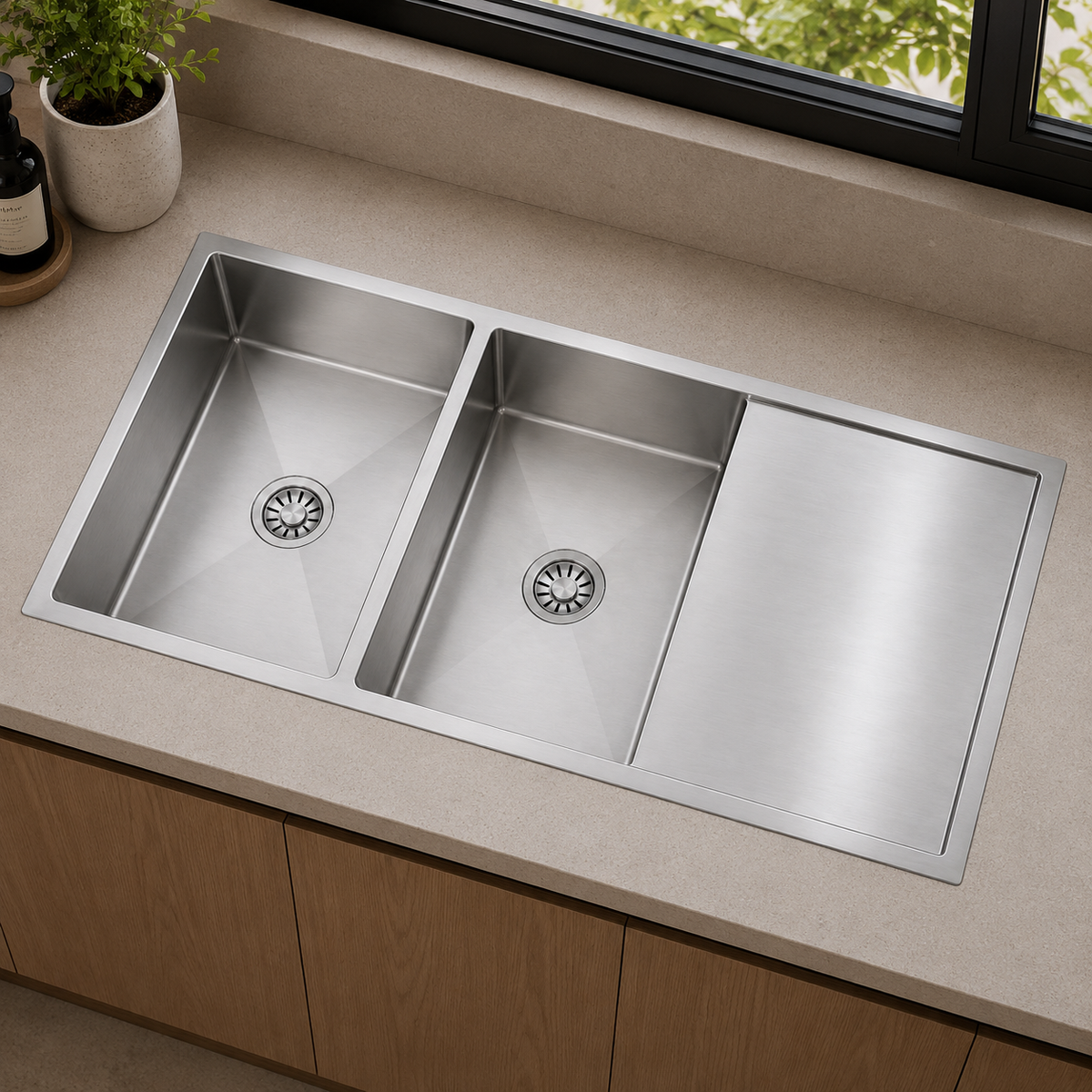 Avenor Handmade Double Bowl With Drainer Kitchen Sink 1140x450mm in Sterling Chrome, installed