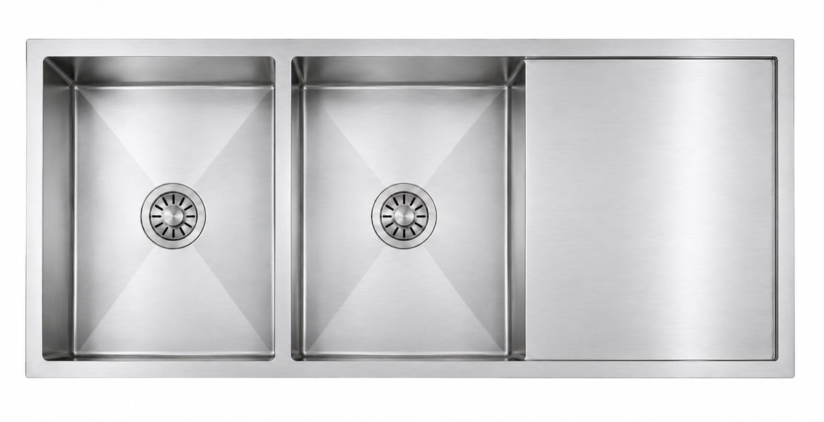 Avenor Handmade Double Bowl With Drainer Kitchen Sink 1140x450mm in Sterling Chrome