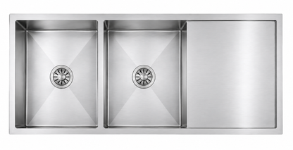 Avenor Handmade Double Bowl With Drainer Kitchen Sink 1140x450mm in Sterling Chrome