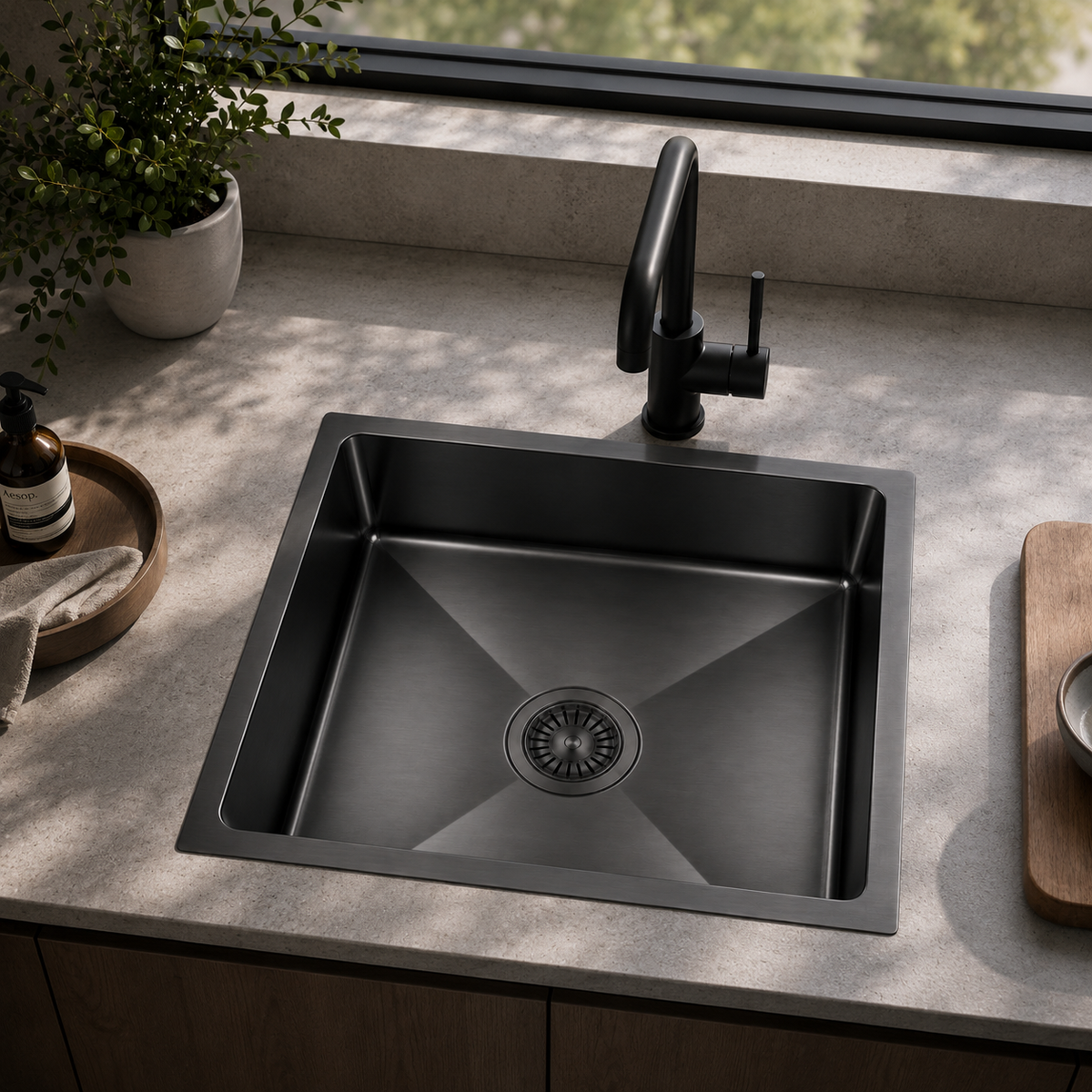 Avenor Handmade Single Bowl Kitchen Sink 390x450mm in Forged Gunmetal, installed