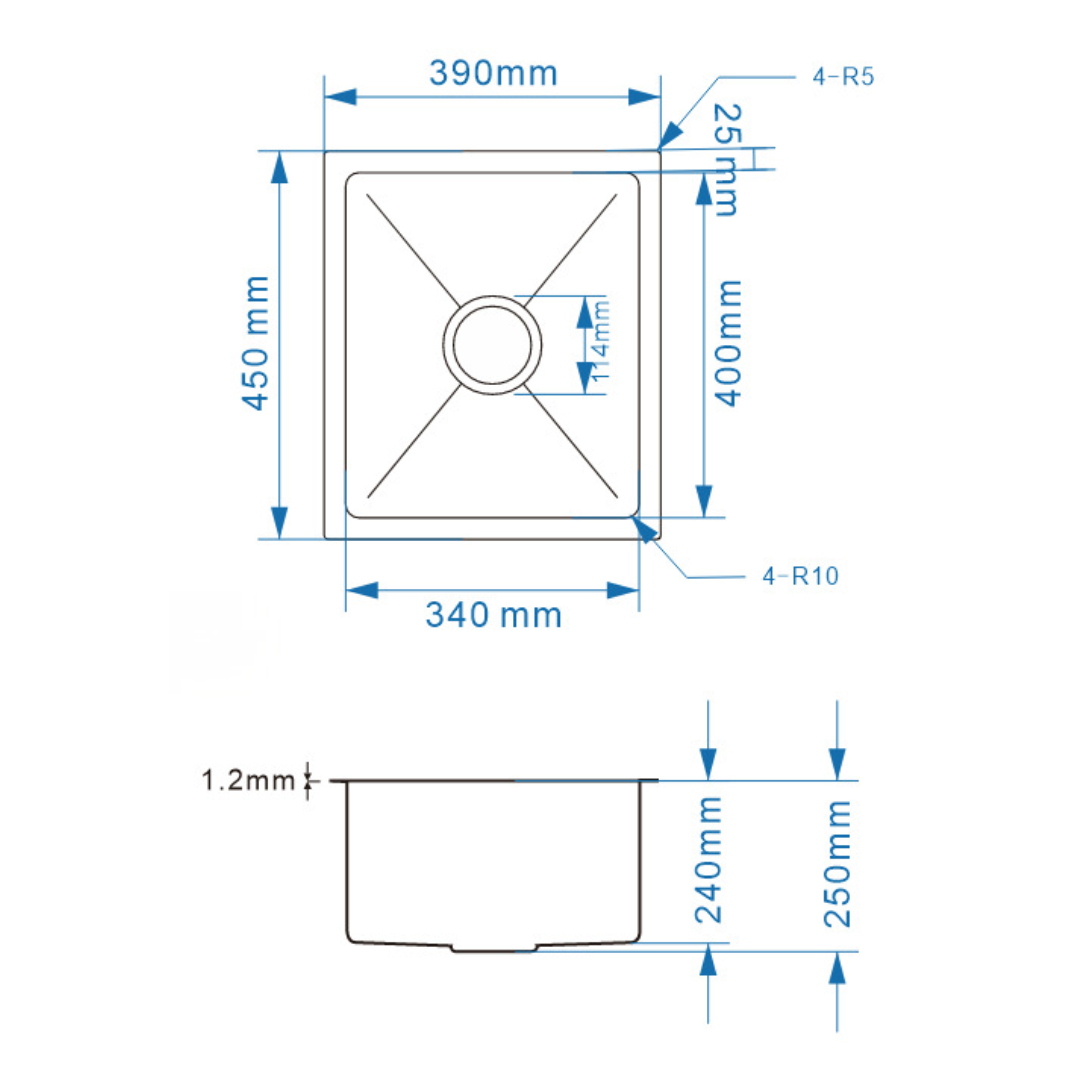 Avenor Handmade Single Bowl Kitchen Sink 390x450mm specification drawing with dimensions
