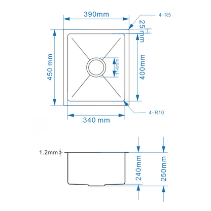 Avenor Handmade Single Bowl Kitchen Sink 390x450mm specification drawing with dimensions