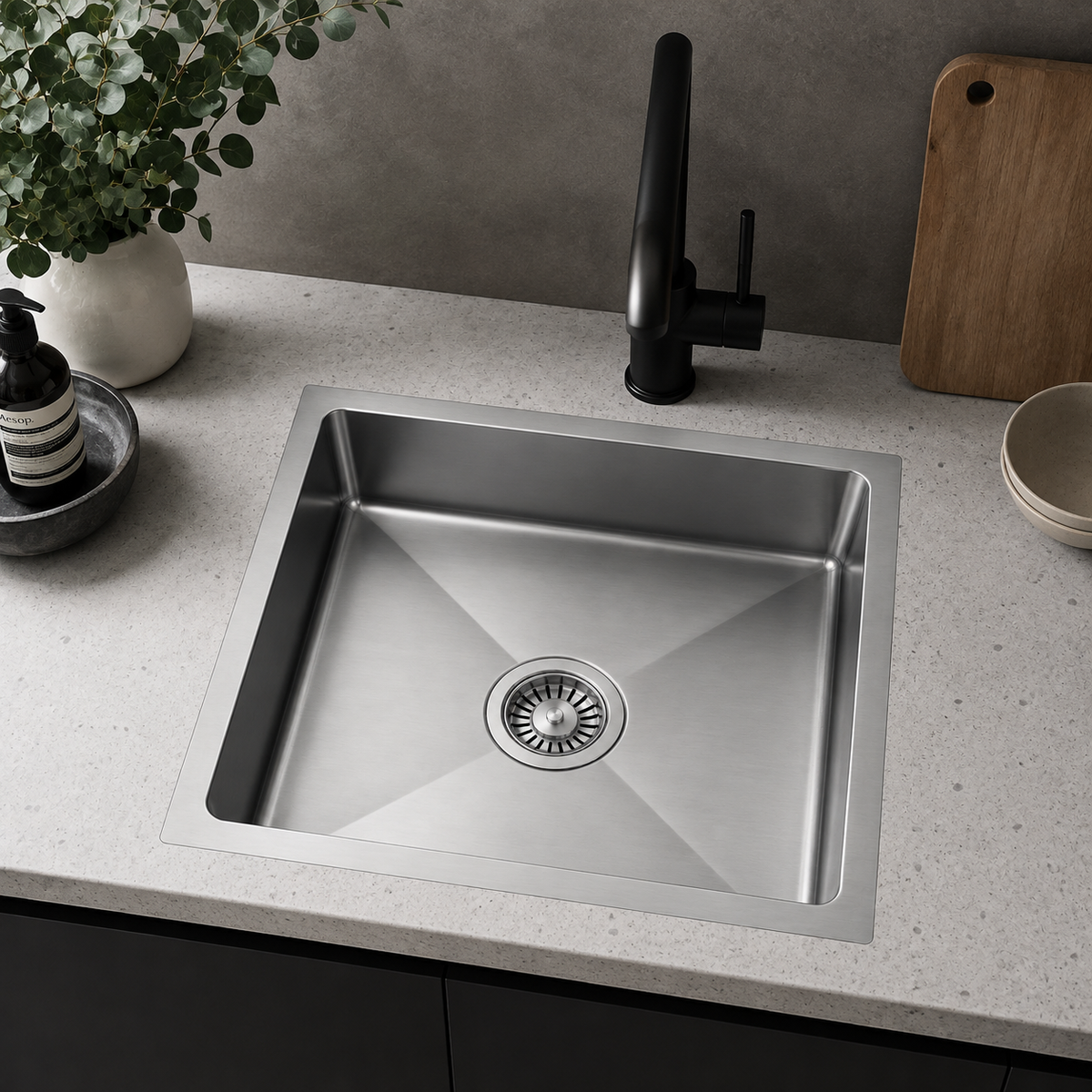 Avenor Handmade Single Bowl Kitchen Sink 390x450mm in Sterling Chrome, installed