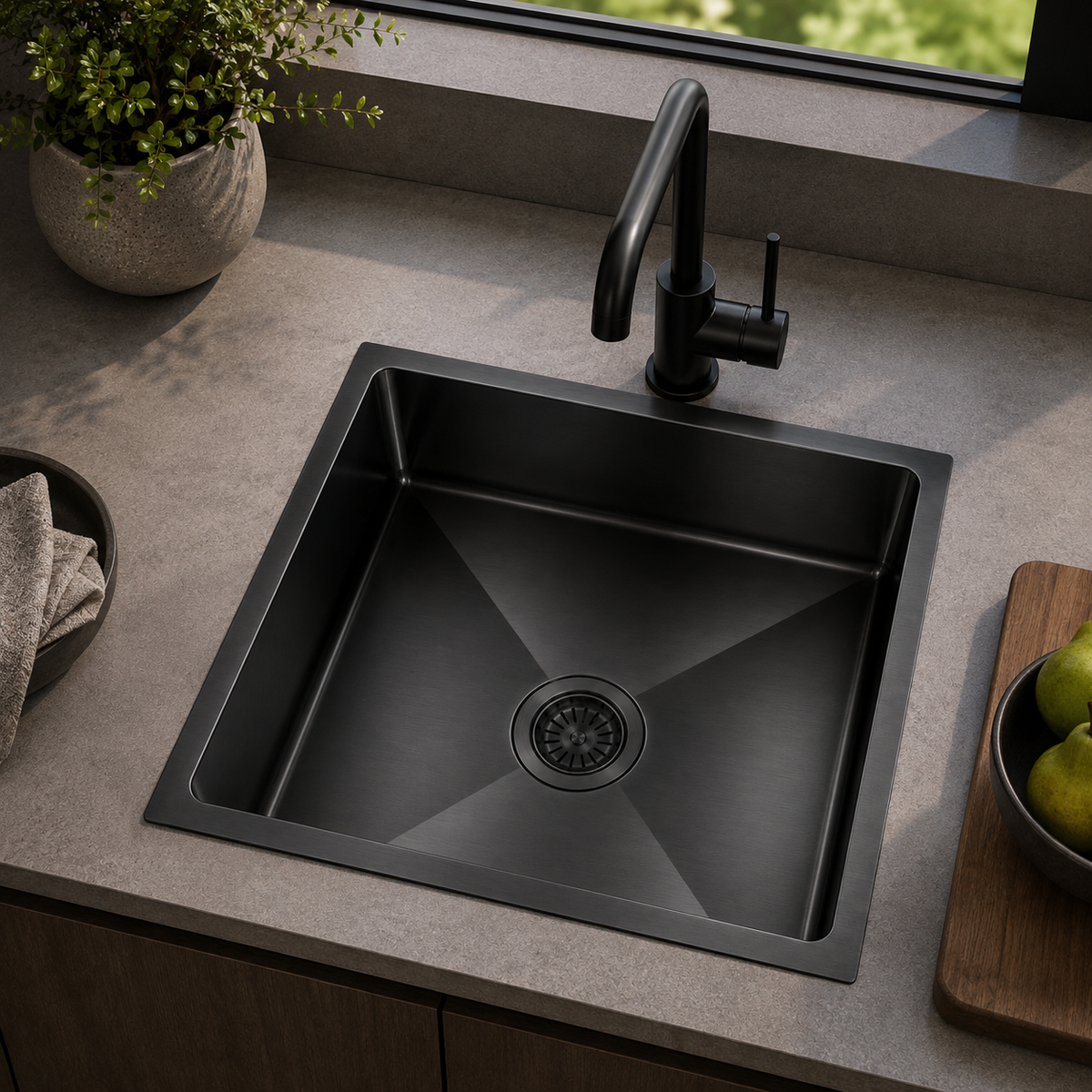 Avenor Handmade Single Bowl Kitchen Sink 450x450mm in Forged Gunmetal, installed
