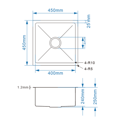 Avenor Handmade Single Bowl Kitchen Sink 450x450mm specification drawing with dimensions