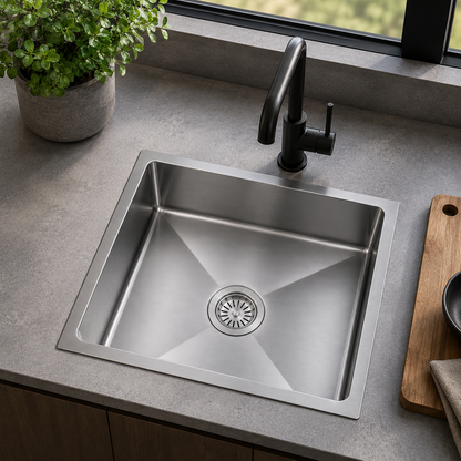 Avenor Handmade Single Bowl Kitchen Sink 450x450mm in Sterling Chrome, installed