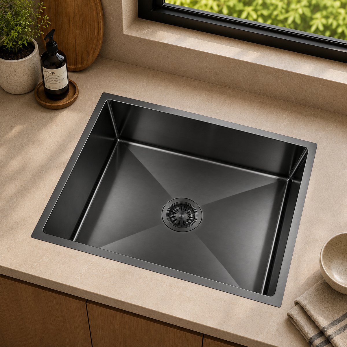 Avenor Handmade Single Bowl Kitchen Sink 550x450mm in Forged Gunmetal, installed