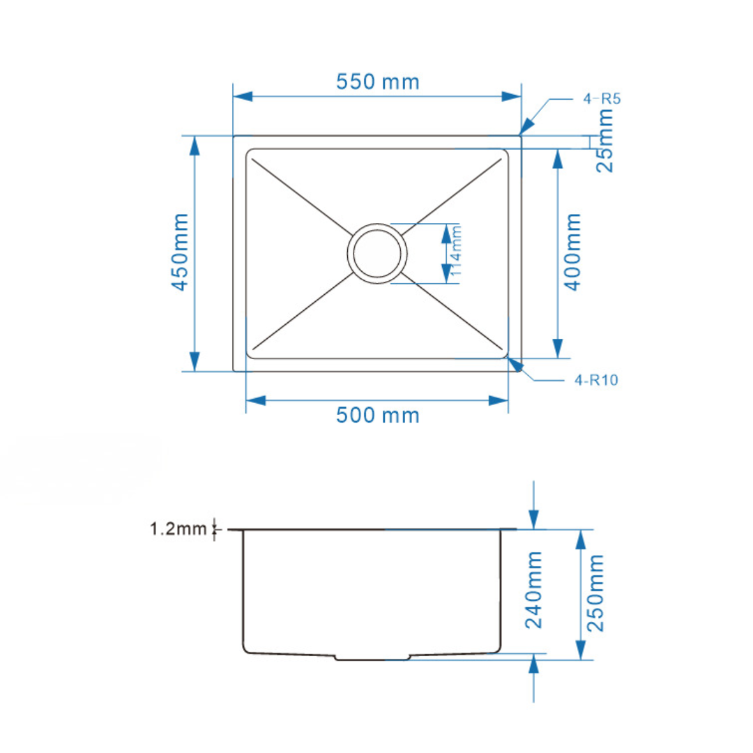 Avenor Handmade Single Bowl Kitchen Sink 550x450mm specification drawing with dimensions