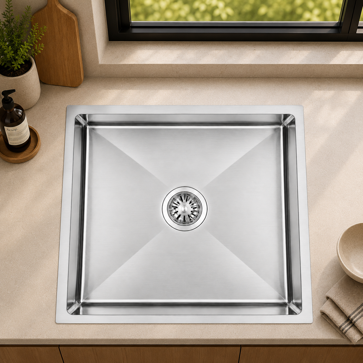 Avenor Handmade Single Bowl Kitchen Sink 550x450mm in Sterling Chrome, installed