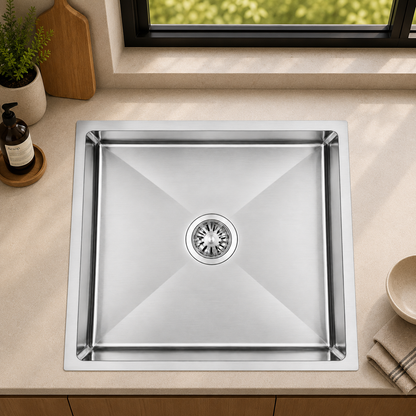 Avenor Handmade Single Bowl Kitchen Sink 550x450mm in Sterling Chrome, installed