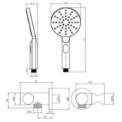 RAINJET Shower Head (3 function)  on bracket (Elbow built in) metal hose