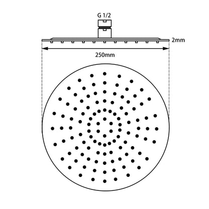 Super-slim Round Black Rainfall Shower Head 250mm