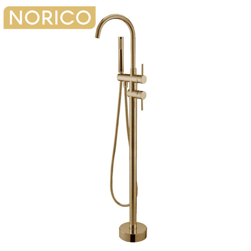 Norico Pentro Round Brushed Yellow Gold Freestanding Bath Mixer With Hand held Shower