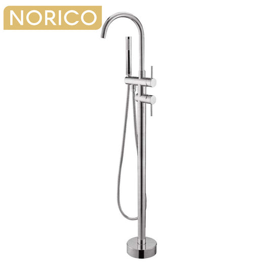 Norico Pentro Round Brushed Nickel Freestanding Bath Mixer With Hand held Shower