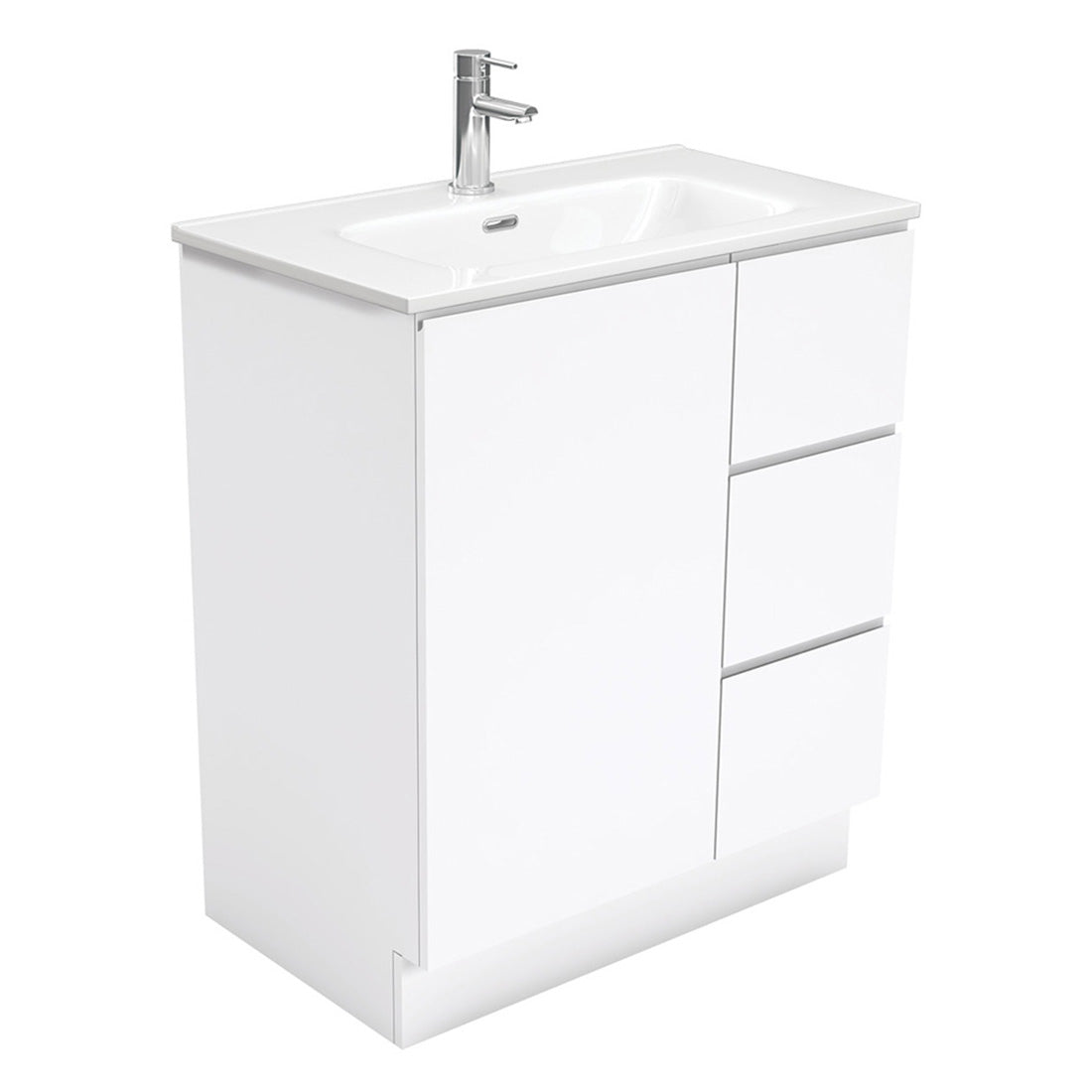 Fienza Joli Fingerpull Gloss White 750 Vanity on Kickboard Left Drawers