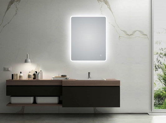 600x750mm Curved Rim Rectangle 3 Color Lighting LED Mirror Touch Sensor Switch Defogger Pad Wall Mounted Vertical or Horizontal