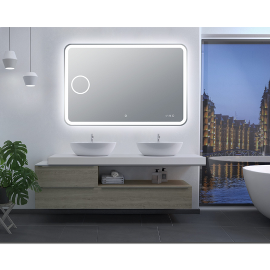 1200*800mm Curved Rim Rectangle 3 Color Lighting LED Mirror Magnifier Touch Sensor Switch Defogger Pad Wall Mounted Digital Clock with Temperature
