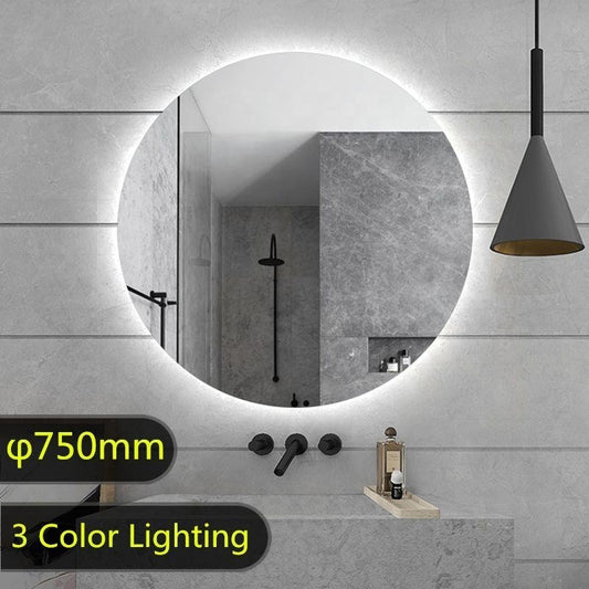 750mm Round Plain LED Mirror 3 Color Lighting Touch Sensor Switch Defogger Pad Wall Mounted Acrylic Mirror Back Lighting