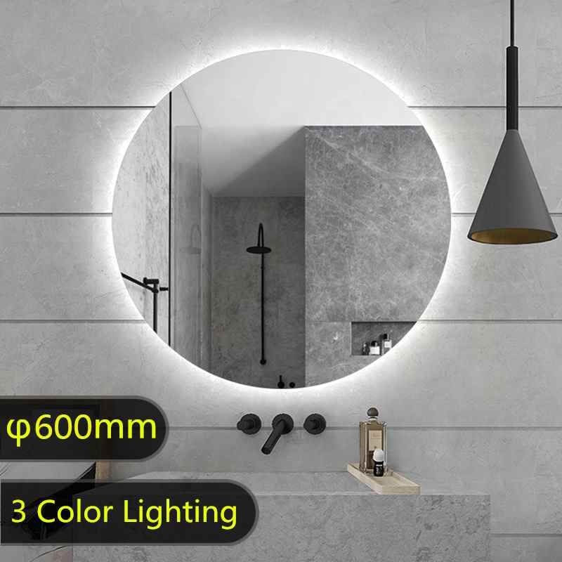 600mm Round Plain LED Mirror 3 Color Lighting Touch Sensor Switch Defogger Pad Wall Mounted Acrylic Mirror Back Lighting