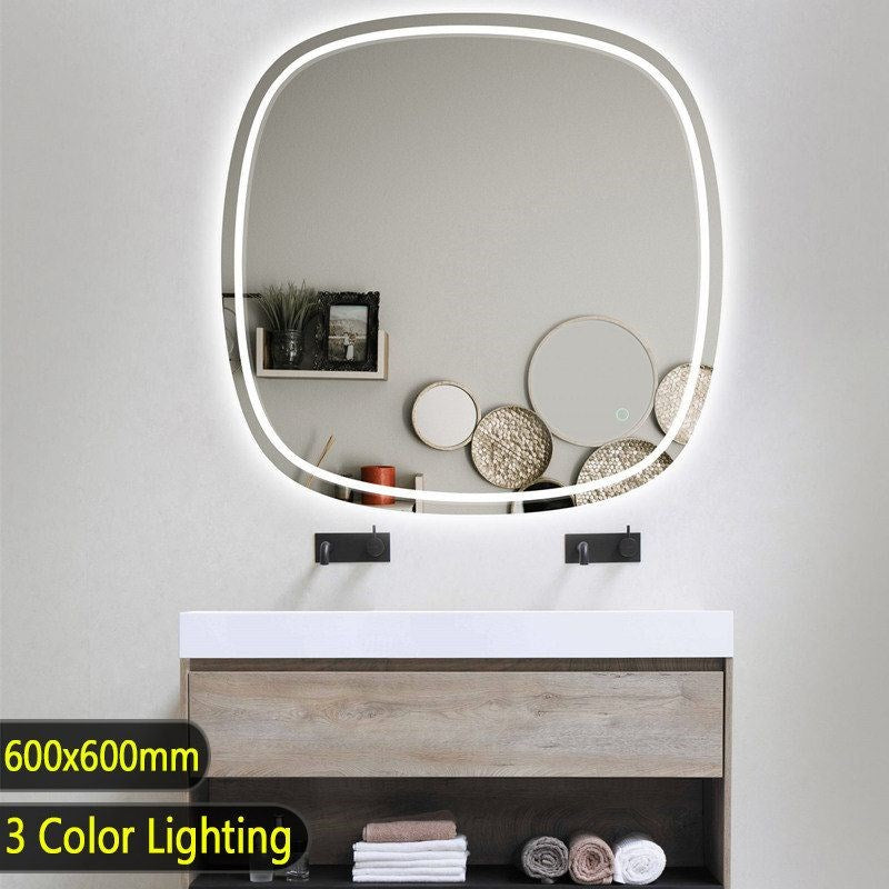 600*600mm Rounded Edge Acrylic LED Mirror 3 Color Lighting Touch Sensor Switch Wall Mounted White Frame