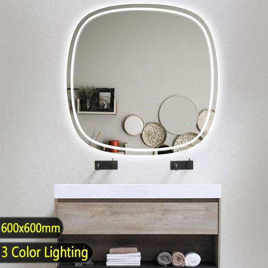 600*600mm Rounded Edge Acrylic LED Mirror 3 Color Lighting Touch Sensor Switch Wall Mounted White Frame