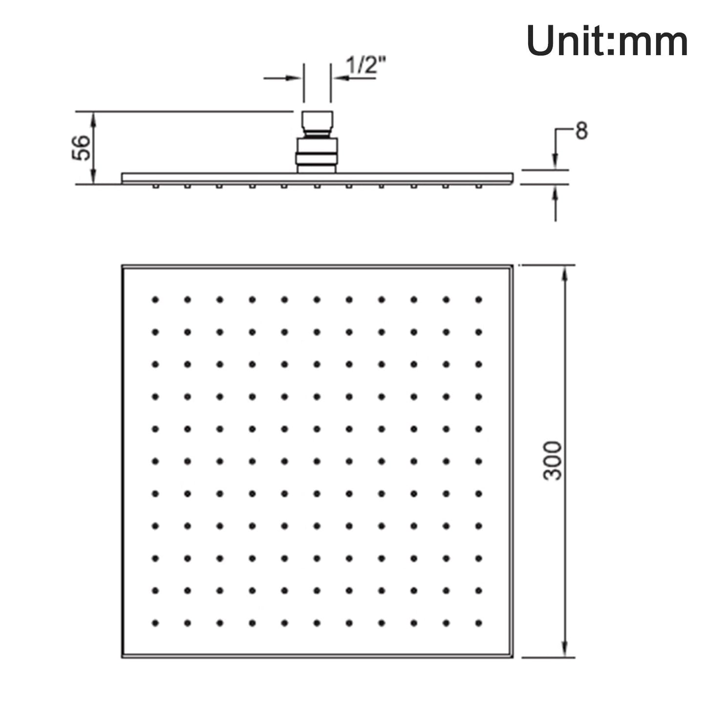 Square Chrome Brass Rainfall Shower Head 300mm