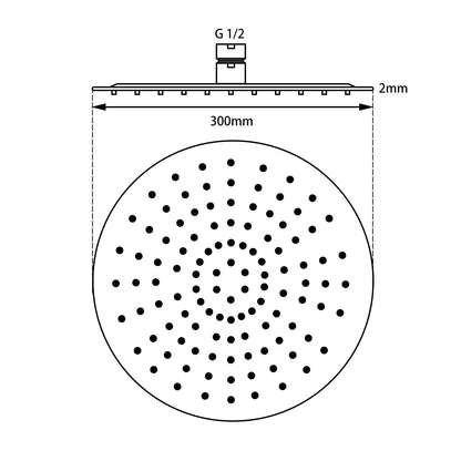 Super-slim Round Black Rainfall Shower Head 300mm