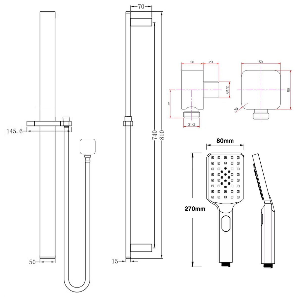 Norico Bellino Matte Black Square Handheld Shower Rail Set