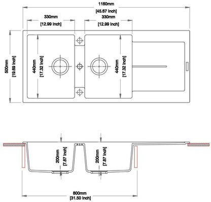 1160 x 500 x 200mm Carysil Enigma D200 Double Bowl with Drainer Board Granite Kitchen Sink Top Mount