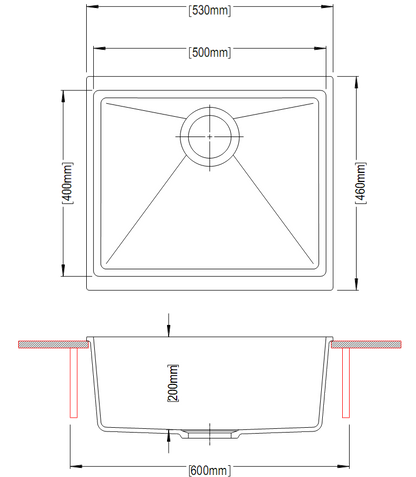 530 x 460 x 200mm Carysil Enigma 100S Single Bowl Granite Kitchen/Laundry Sink Top/Flush/Under Mount